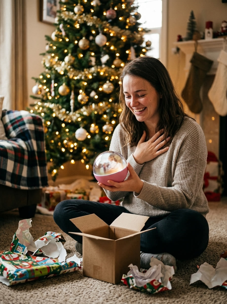 Woman unwrapping a pink Memory Orb by the Christmas tree