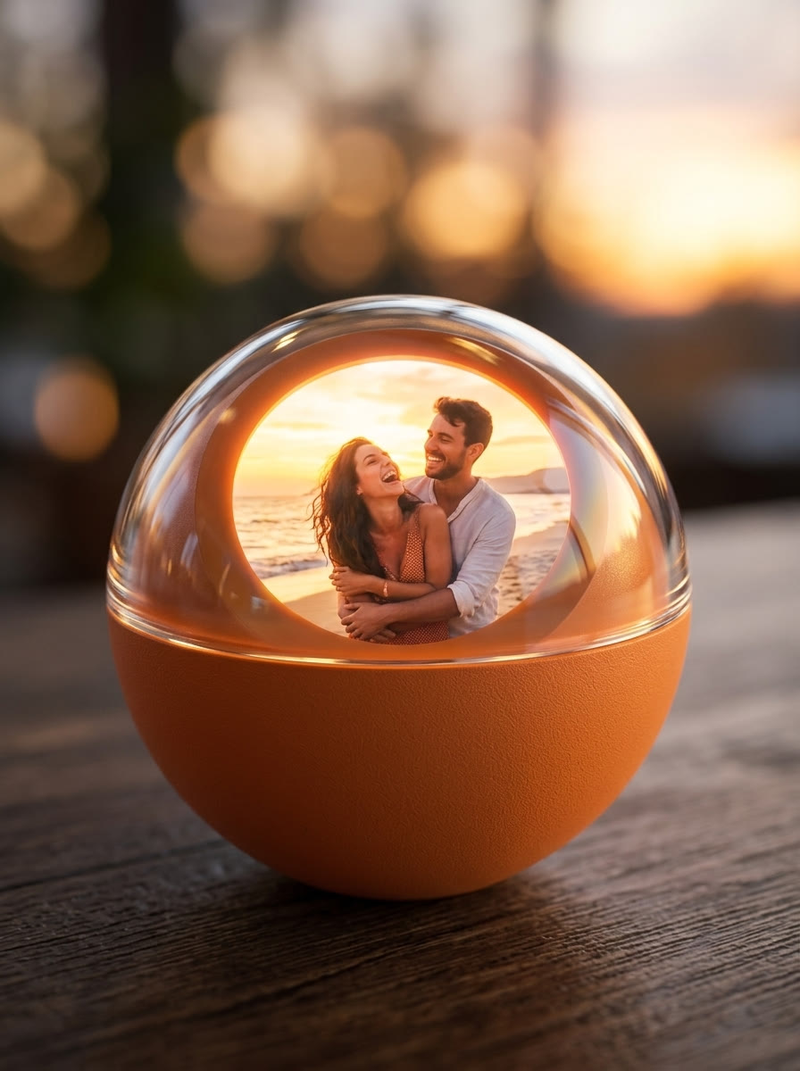 Orange Memory Orb playing a video of a couple on the beach