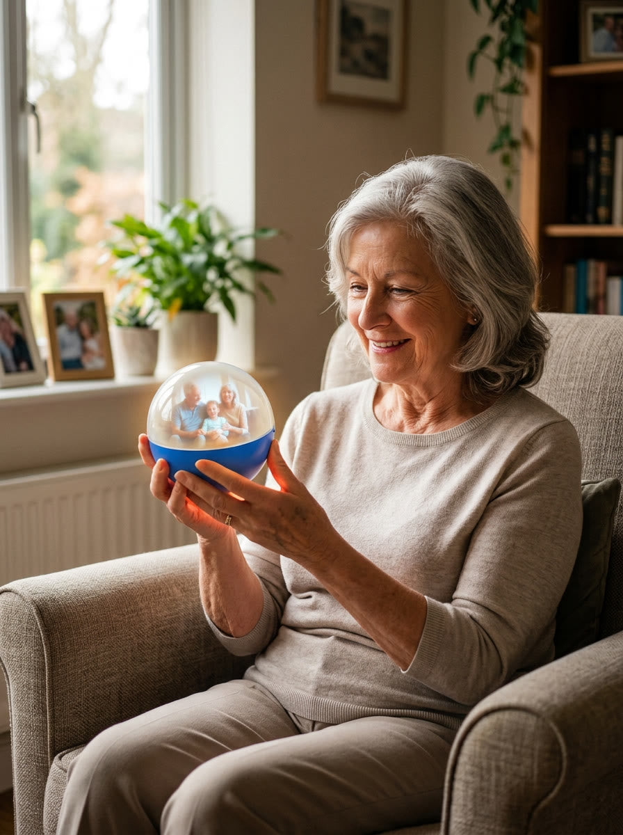 Grandmother holding a blue Memory Orb playing a family video