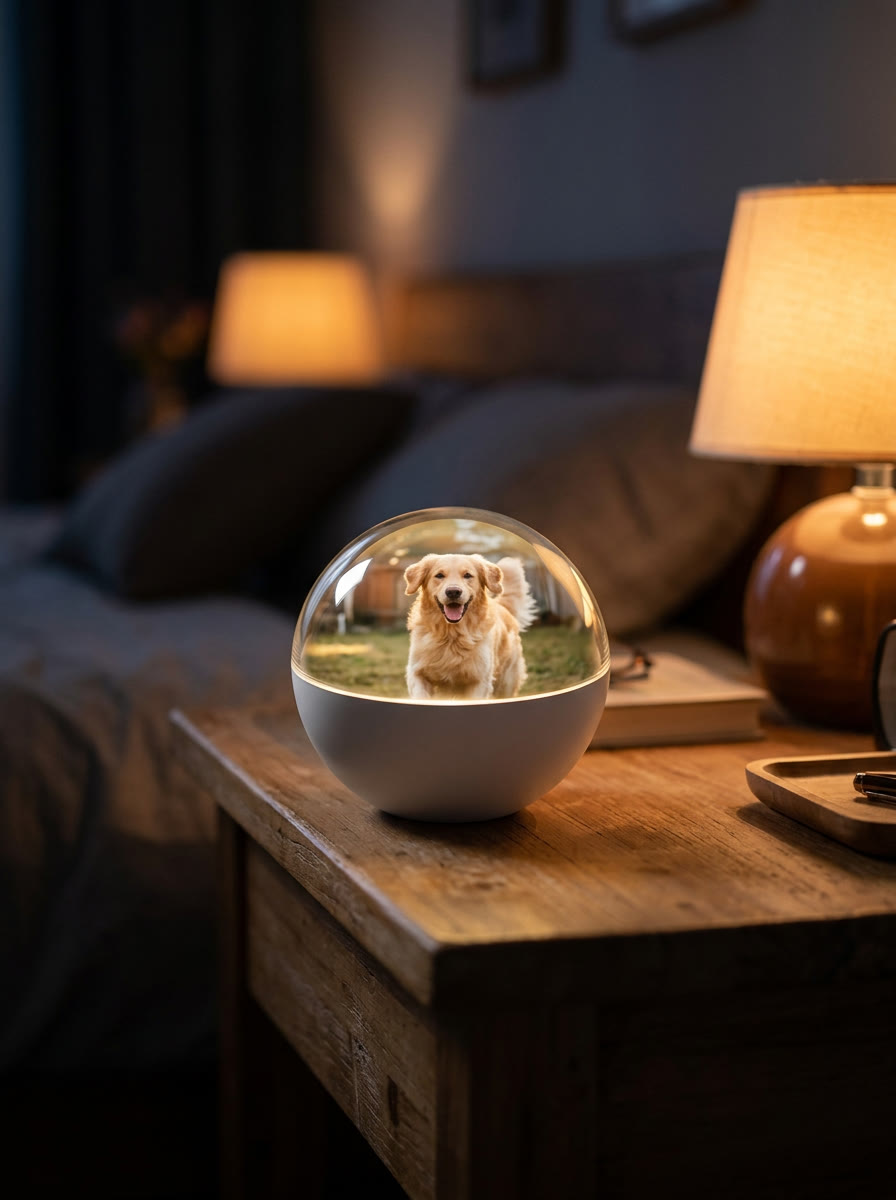 EverGlow Memory Orb glowing on a nightstand, playing a video of a golden retriever