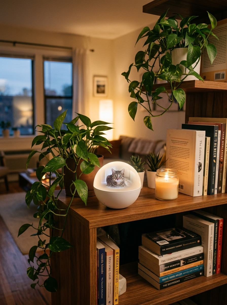 White Memory Orb on a bookshelf playing a cat video